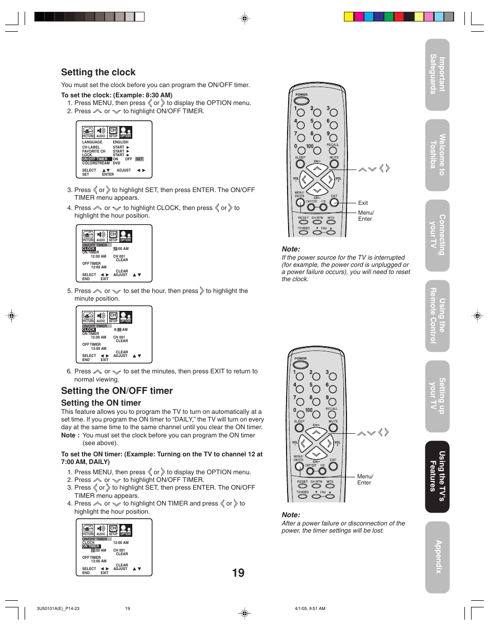 Setting the clock, Setting the on/off timer, Setting the on timer | Using the tv’ s features | Toshiba 27A35C User Manual | Page 19 / 28