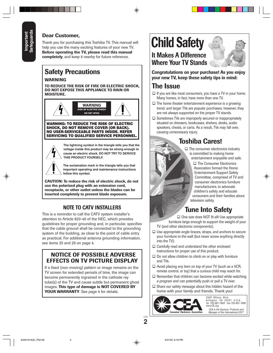 Child safety, It makes a difference where your tv stands, The issue | Toshiba cares, Tune into safety, Safety precautions | Toshiba 27A35C User Manual | Page 2 / 28