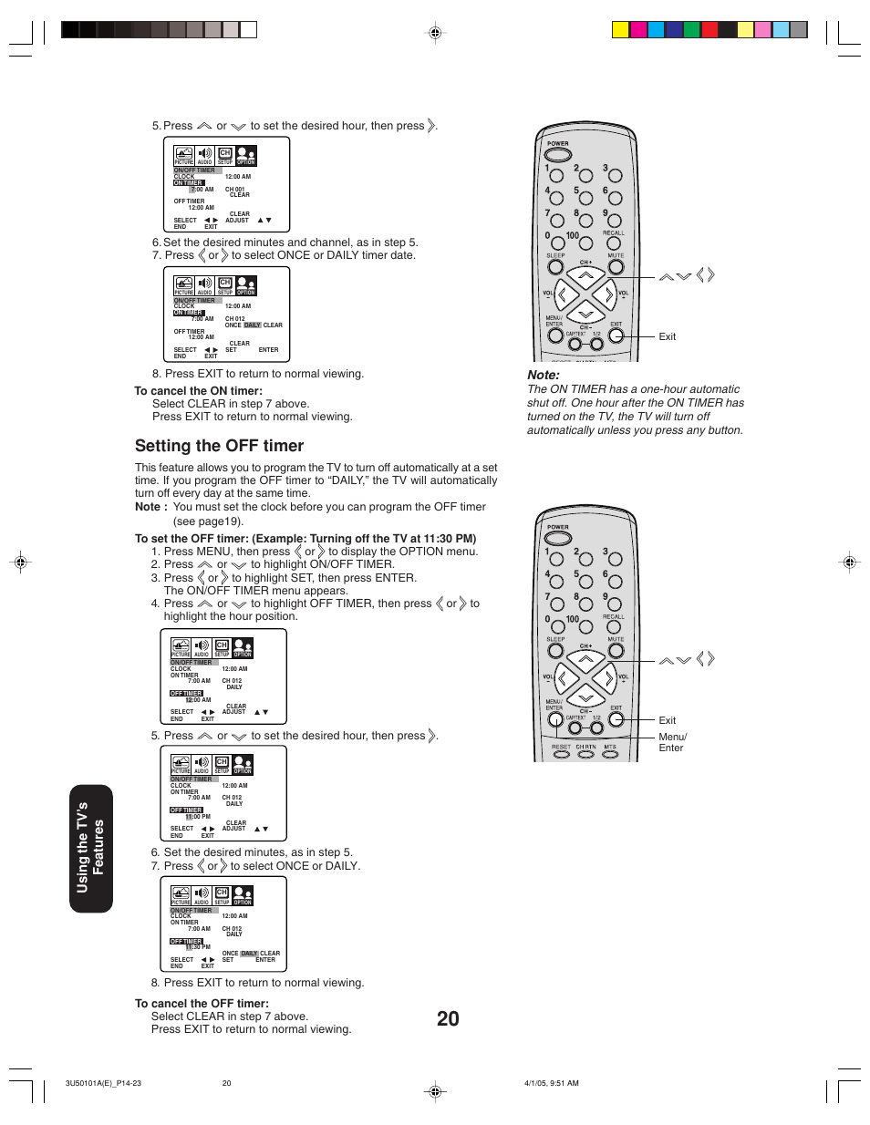 Setting the off timer, Using the tv’ s features | Toshiba 27A35C User Manual | Page 20 / 28