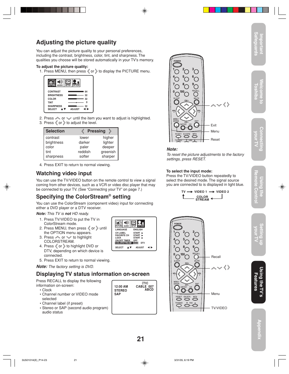 Adjusting the picture quality, Displaying tv status information on-screen, Watching video input | Specifying the colorstream, Setting | Toshiba 27A35C User Manual | Page 21 / 28