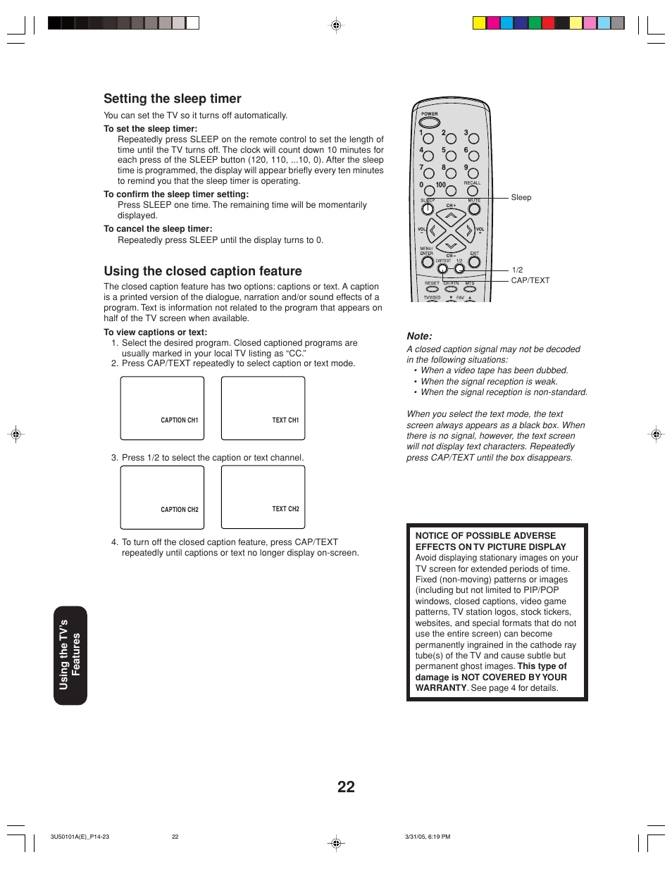 Setting the sleep timer, Using the closed caption feature | Toshiba 27A35C User Manual | Page 22 / 28