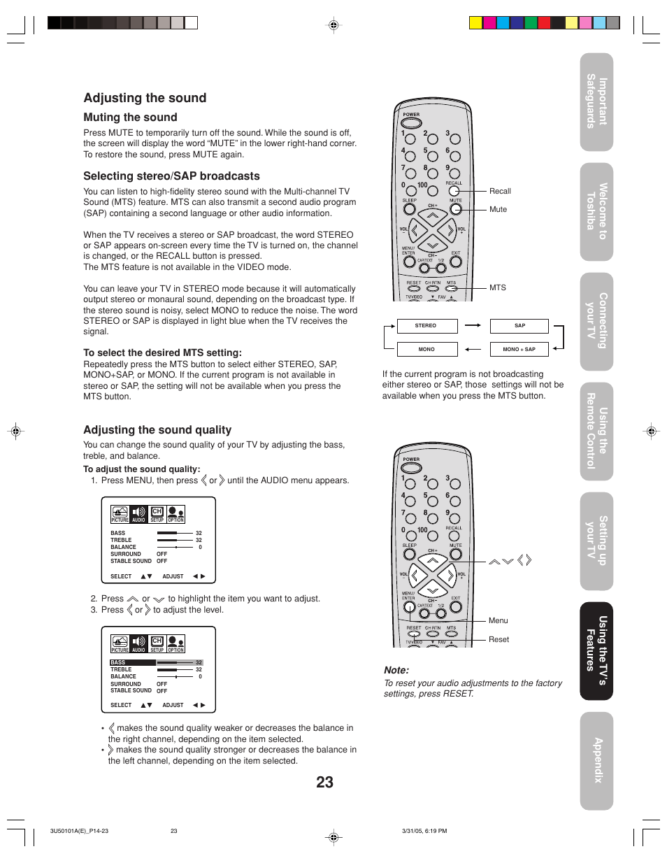 Adjusting the sound, Muting the sound, Selecting stereo/sap broadcasts | Adjusting the sound quality | Toshiba 27A35C User Manual | Page 23 / 28