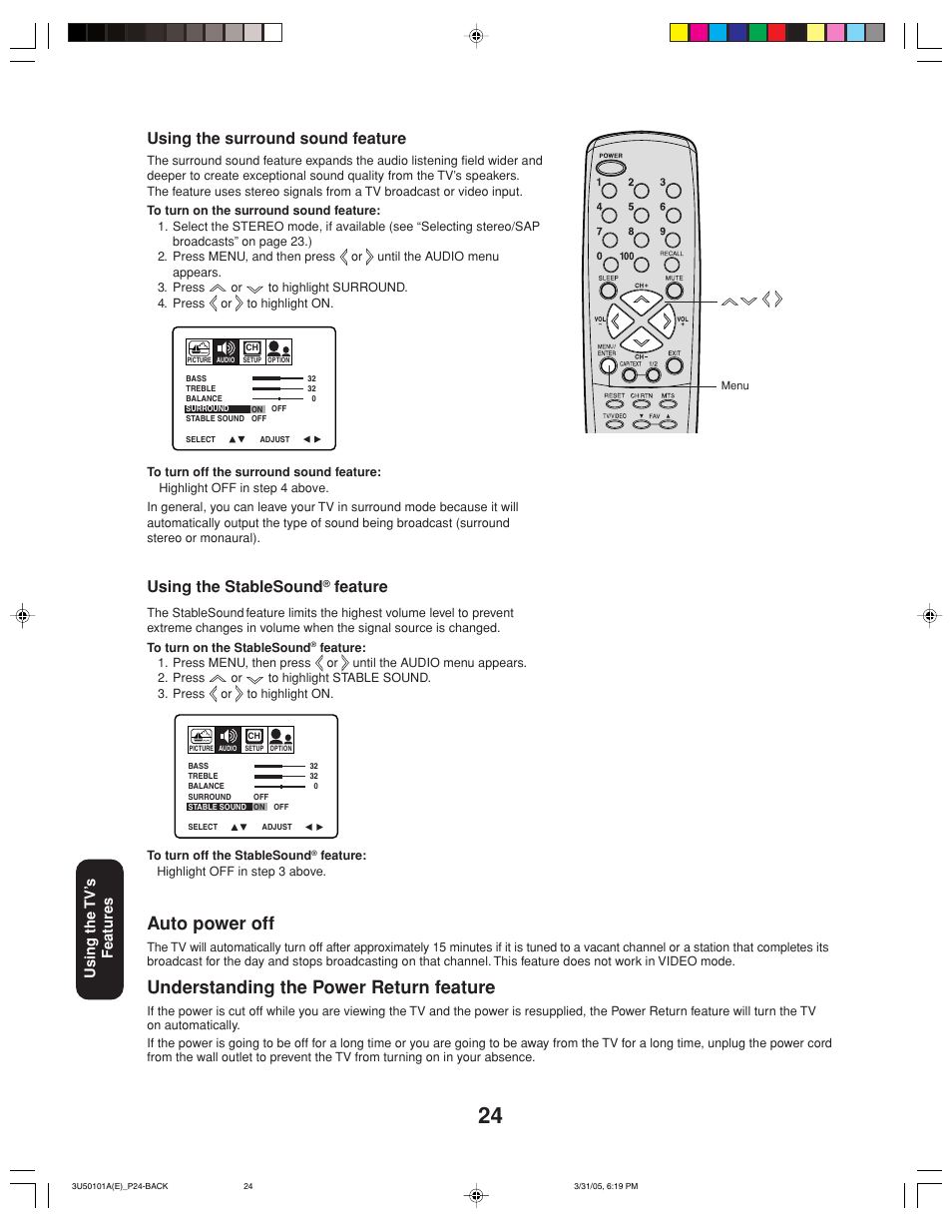 Auto power off, Understanding the power return feature, Using the stablesound | Feature, Using the surround sound feature, Using the tv’ s features | Toshiba 27A35C User Manual | Page 24 / 28