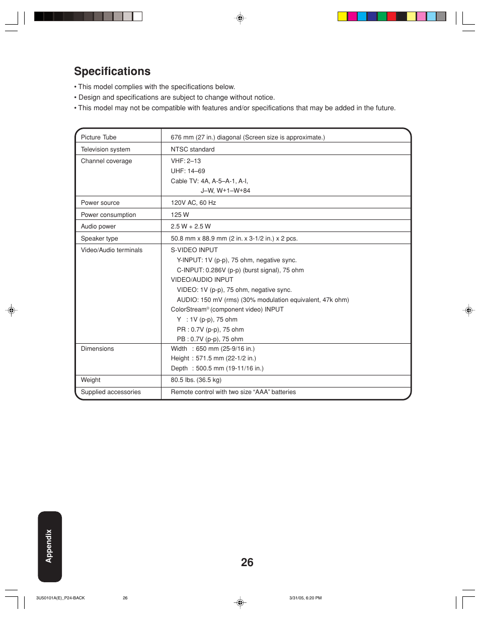 26 specifications | Toshiba 27A35C User Manual | Page 26 / 28