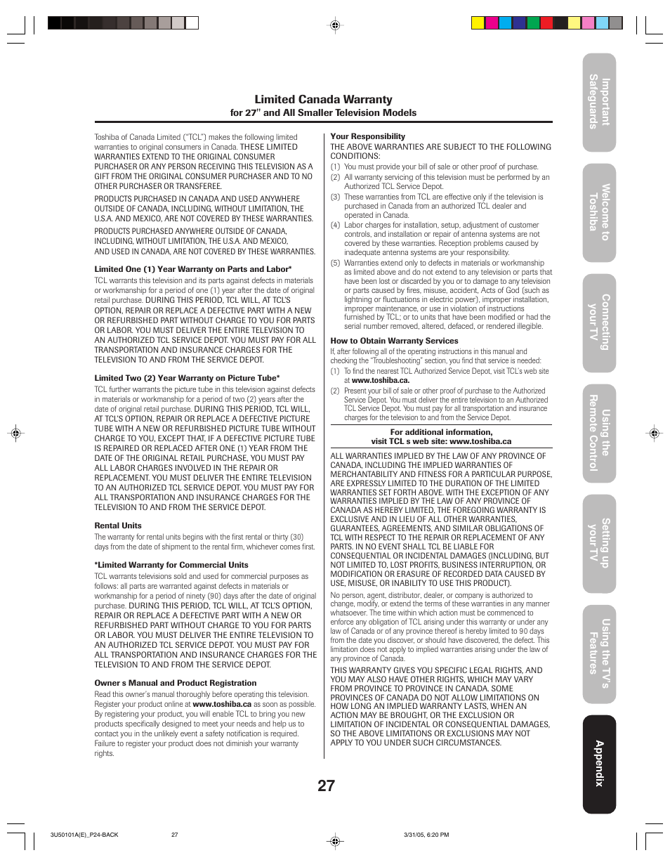 Limited canada warranty | Toshiba 27A35C User Manual | Page 27 / 28