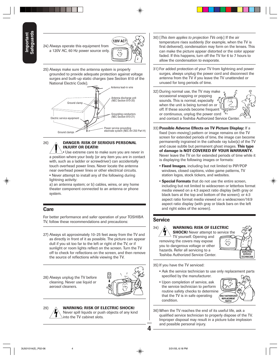 Care, Service | Toshiba 27A35C User Manual | Page 4 / 28