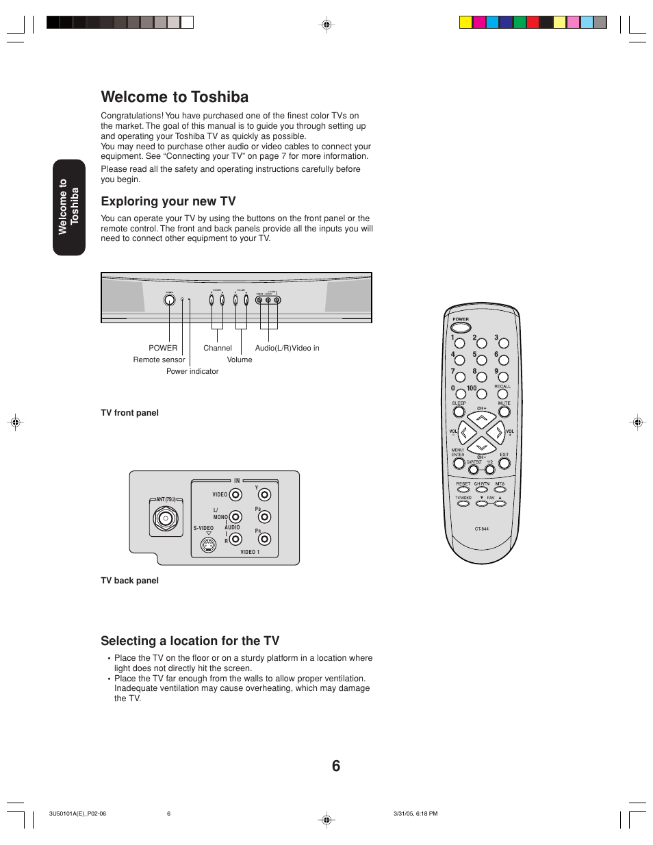 Welcome to toshiba, Selecting a location for the tv, Exploring your new tv | Toshiba 27A35C User Manual | Page 6 / 28