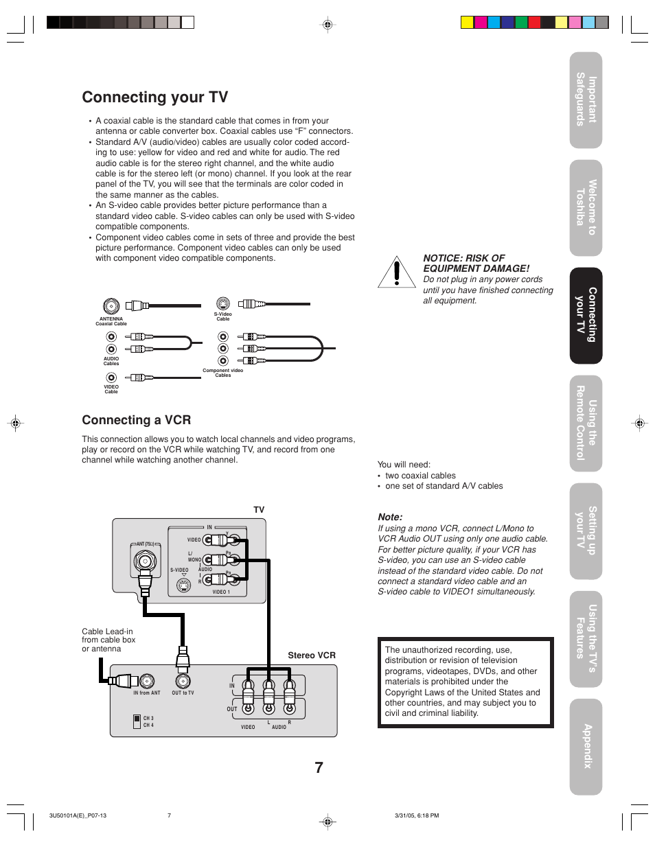 Connecting your tv, Connecting a vcr | Toshiba 27A35C User Manual | Page 7 / 28