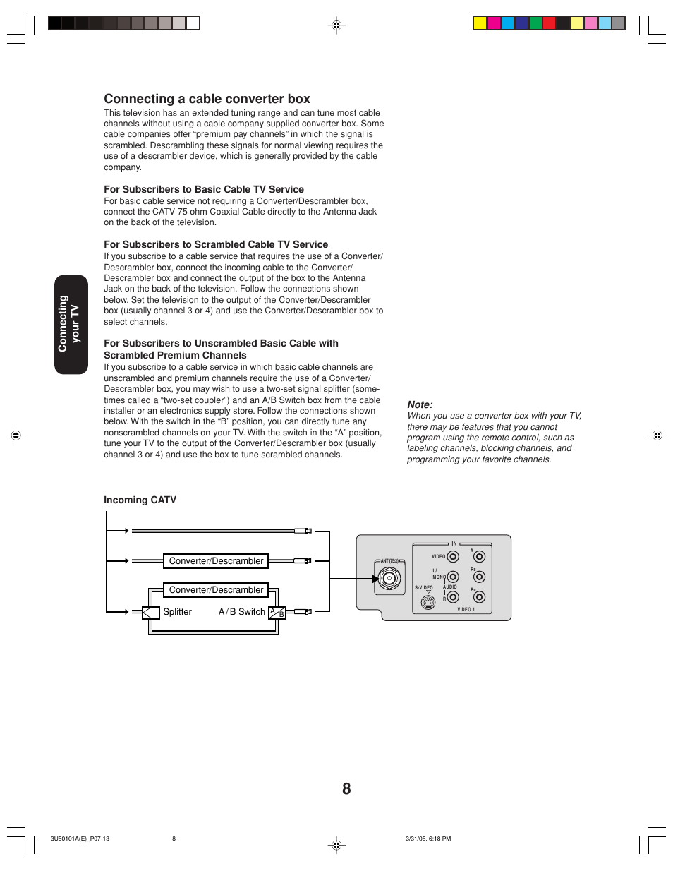 Connecting a cable converter box, Connecting your tv, For subscribers to basic cable tv service | For subscribers to scrambled cable tv service, Incoming catv | Toshiba 27A35C User Manual | Page 8 / 28