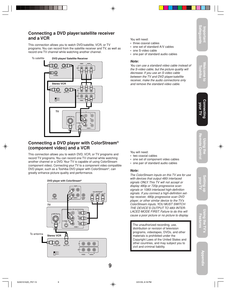 Connecting a dvd player with colorstream, Component video) and a vcr, Connecting your tv | Toshiba 27A35C User Manual | Page 9 / 28