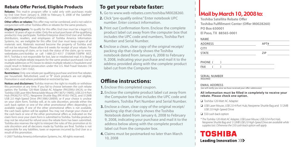 Offline instructions, Rebate offer period, eligible products | Toshiba A215-S6804 User Manual | Page 2 / 2