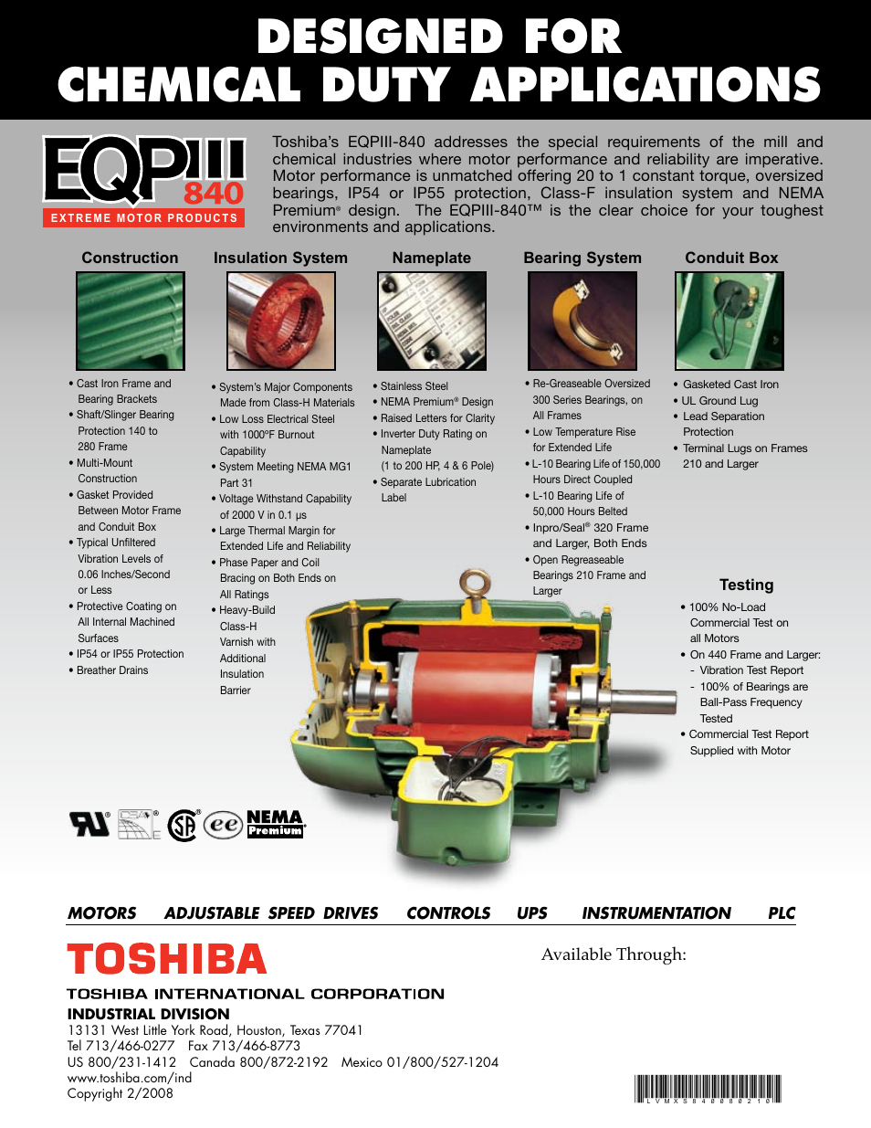 Designed for chemical duty applications, Available through | Toshiba EQPIII-840 User Manual | Page 2 / 2