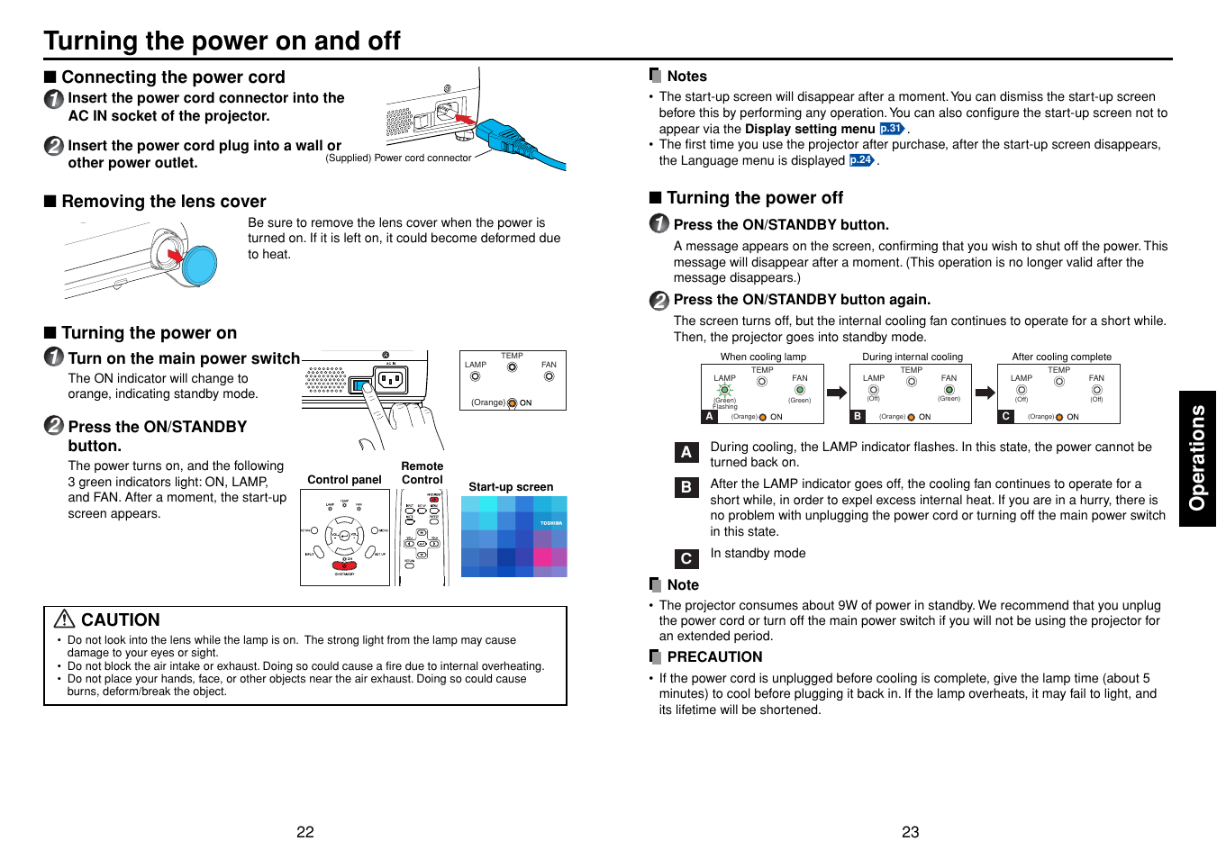 Operations, Turning the power on and off, P.22 | P.23, Connecting the power cord, Turning the power on, Turning the power off, Caution, Removing the lens cover | Toshiba TDP-S35 User Manual | Page 12 / 25