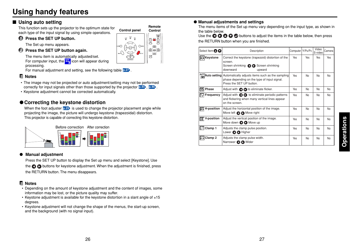 Using handy features, Using auto setting, P.26 | Operations, Correcting the keystone distortion | Toshiba TDP-S35 User Manual | Page 14 / 25