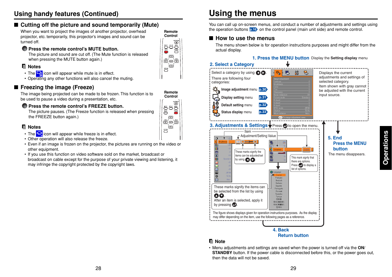 Freezing the image (freeze), Using the menus, How to use the menus | P.29, P.28, Operations, Using handy features (continued) | Toshiba TDP-S35 User Manual | Page 15 / 25