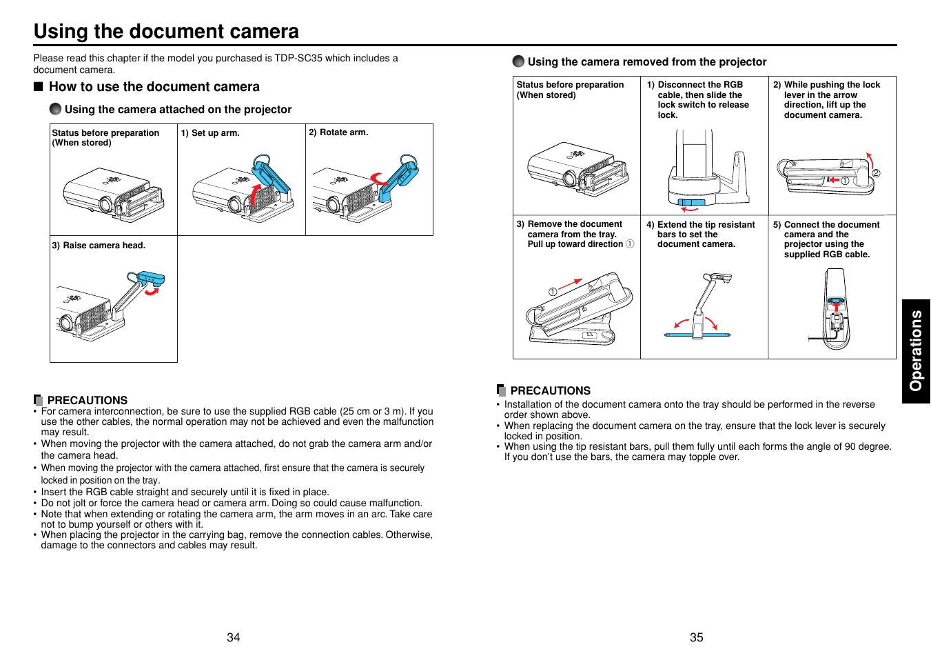 Using the document camera, How to use the document camera, Operations | Toshiba TDP-S35 User Manual | Page 18 / 25