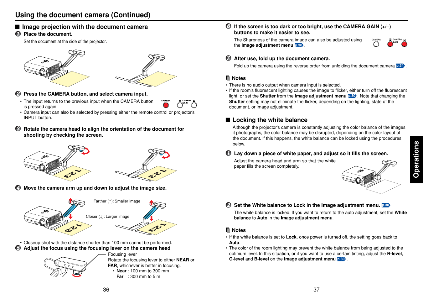 Image projection with the document camera, Locking the white balance, Operations | Using the document camera (continued) | Toshiba TDP-S35 User Manual | Page 19 / 25