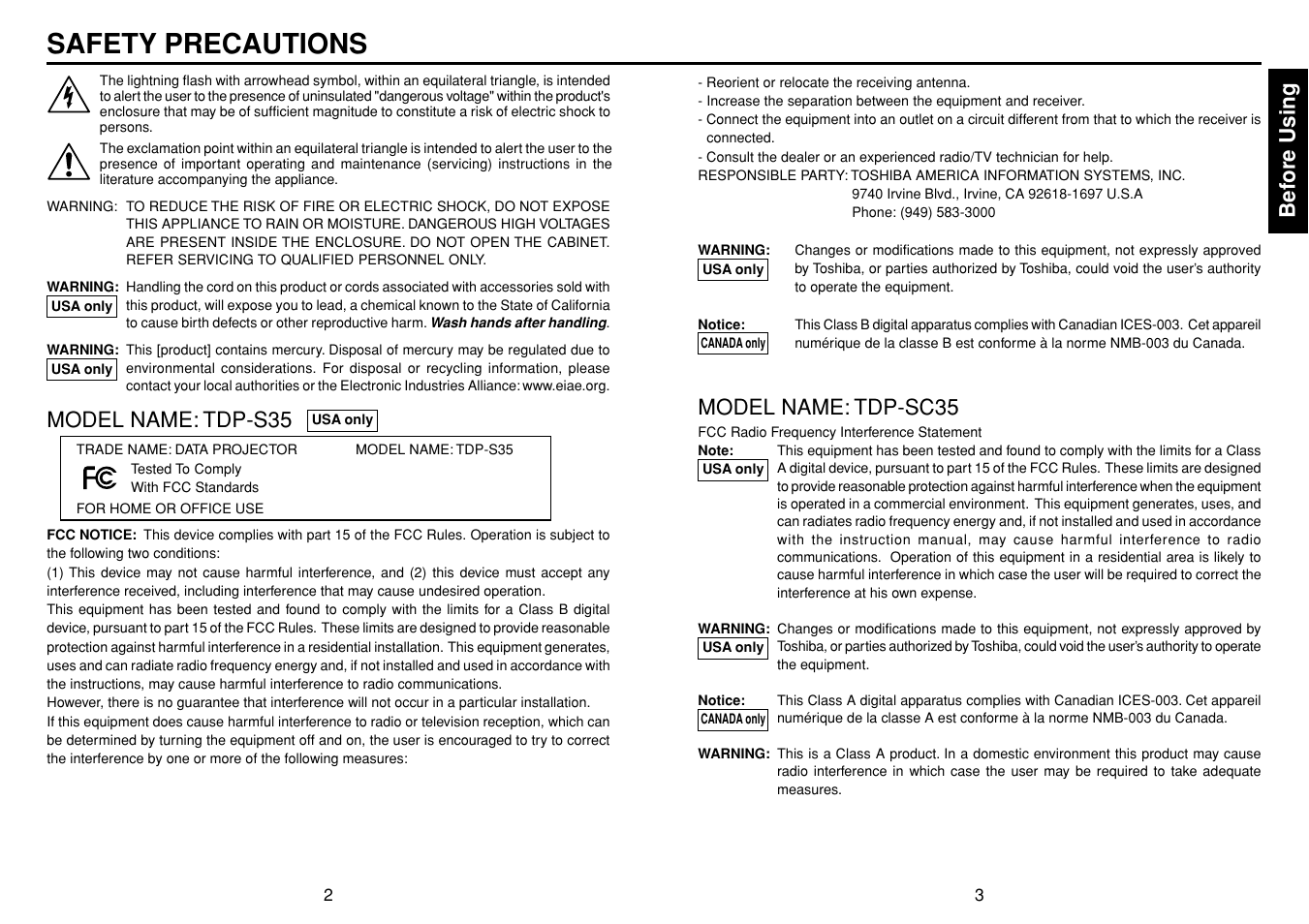 Before using, Safety precautions, Model name: tdp-s35 | Model name: tdp-sc35 | Toshiba TDP-S35 User Manual | Page 2 / 25