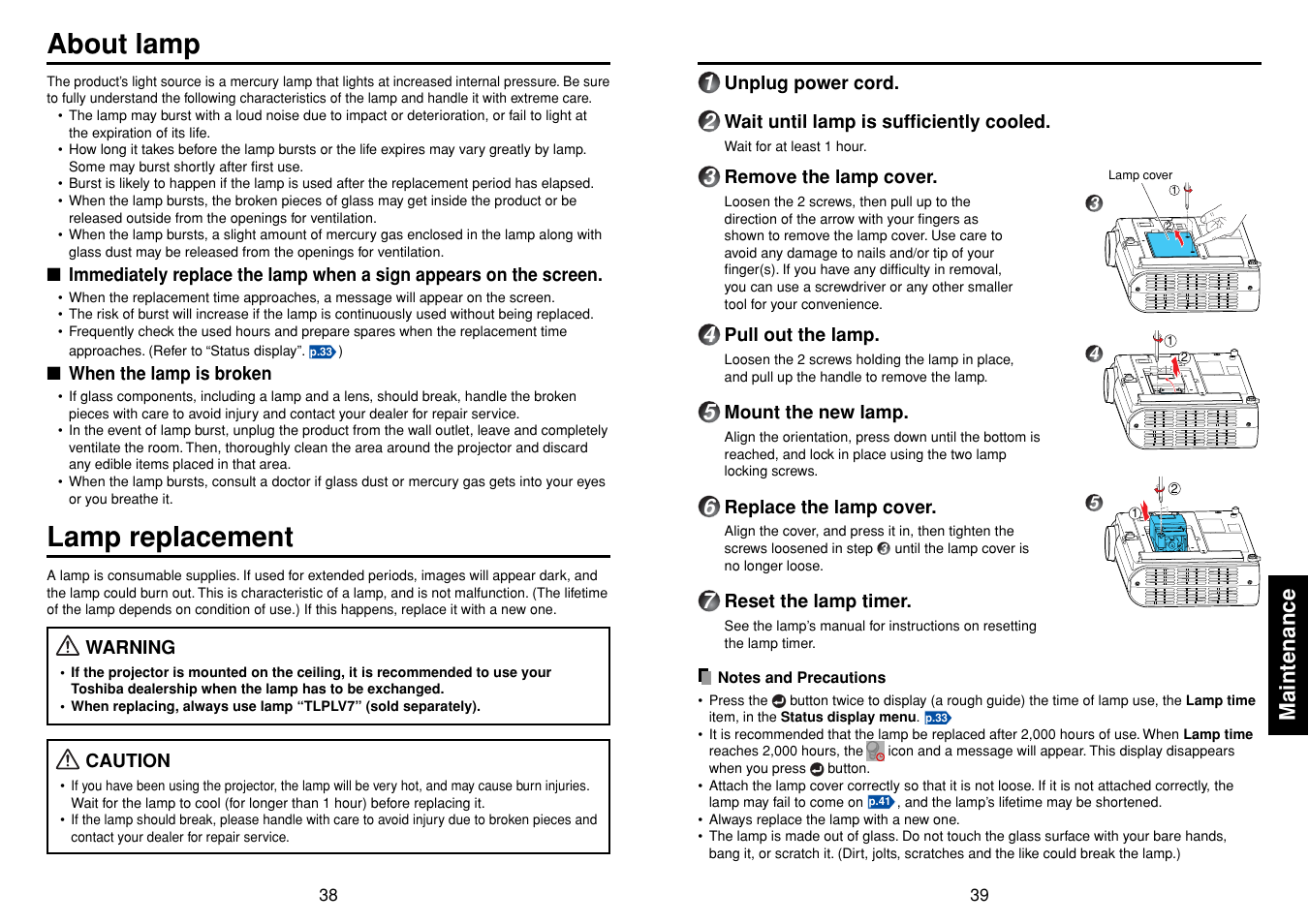 Maintenance, About lamp, Lamp replacement | P.39 | Toshiba TDP-S35 User Manual | Page 20 / 25