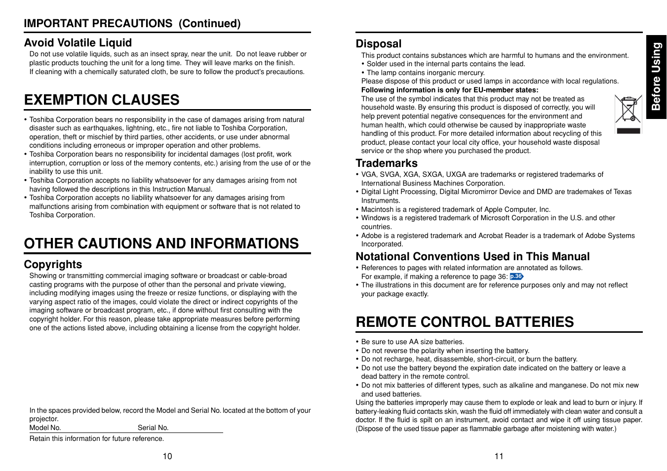 Exemption clauses, Other cautions and informations, Remote control batteries | Before using, Avoid volatile liquid, Copyrights, Disposal, Trademarks, Notational conventions used in this manual, Important precautions (continued) | Toshiba TDP-S35 User Manual | Page 6 / 25