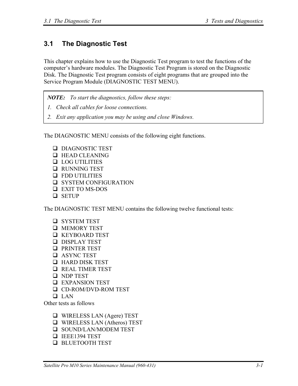 The diagnostic test, 1 the diagnostic test | Toshiba M10 User Manual | Page 107 / 460