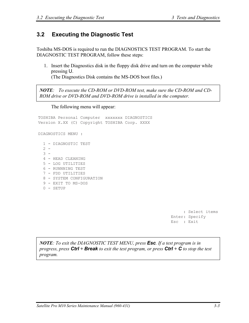 Executing the diagnostic test, 2 executing the diagnostic test | Toshiba M10 User Manual | Page 109 / 460