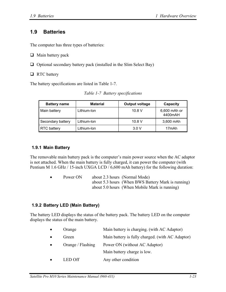 Batteries, 9 batteries | Toshiba M10 User Manual | Page 37 / 460