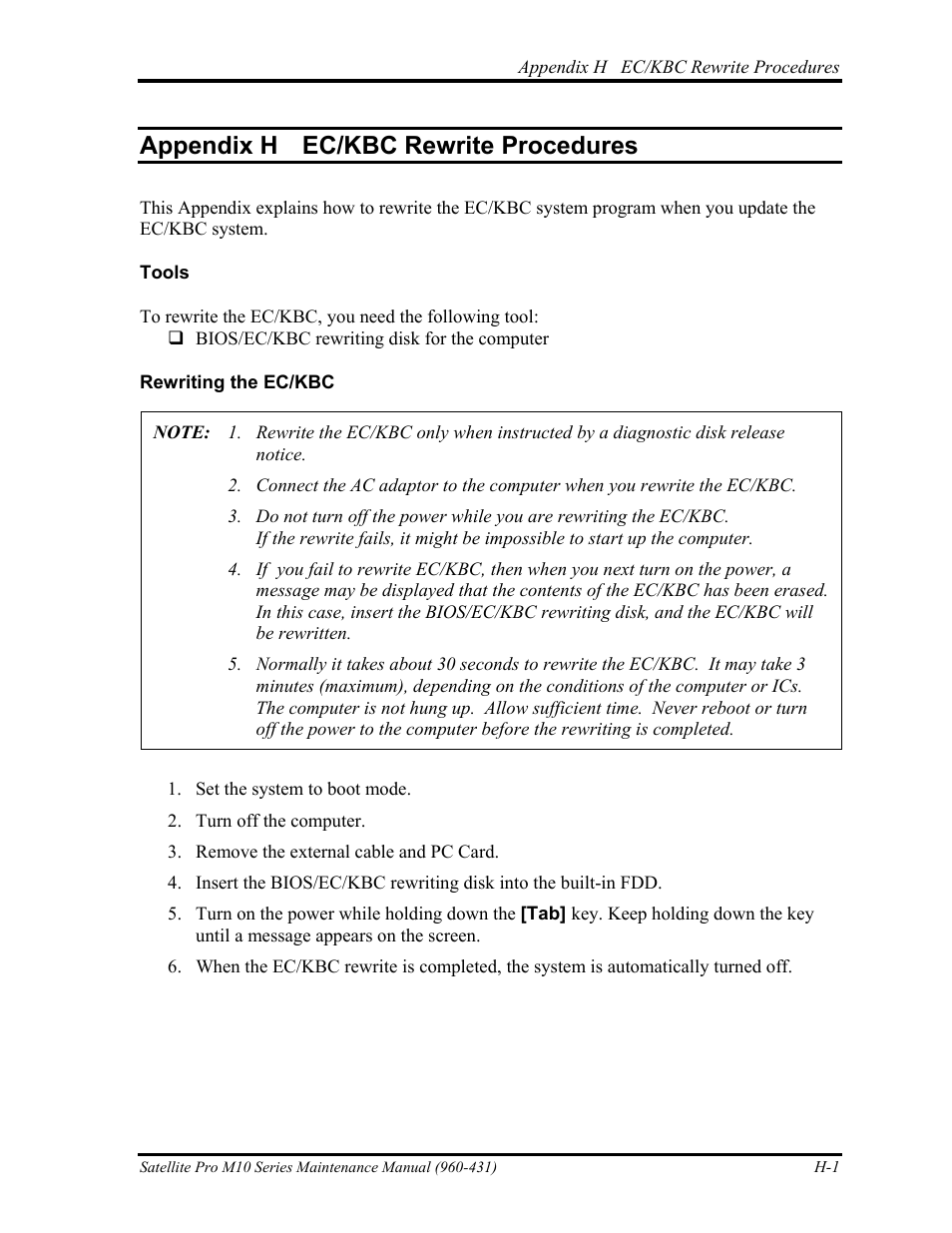 Appendix h - ec / kbc rewrite procedures, Appendix h ec/kbc rewrite procedures | Toshiba M10 User Manual | Page 457 / 460