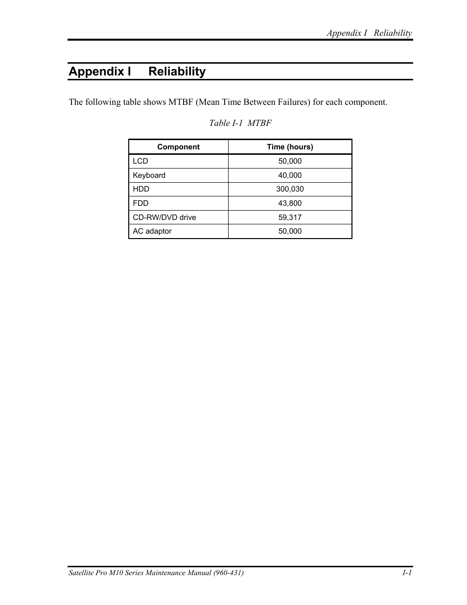 Appendix i - reliability, Appendix i reliability | Toshiba M10 User Manual | Page 459 / 460