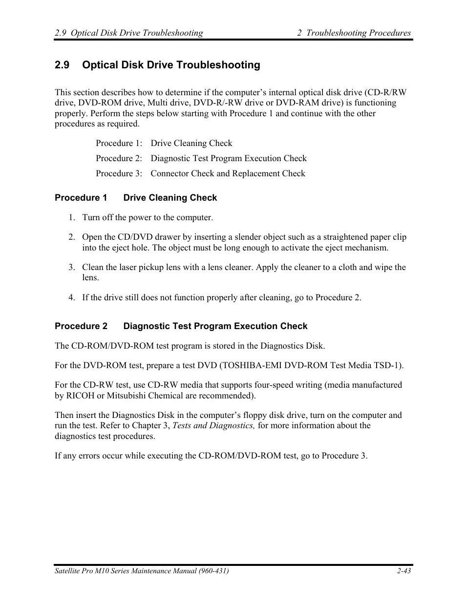 Optical disk drive troubleshooting | Toshiba M10 User Manual | Page 89 / 460