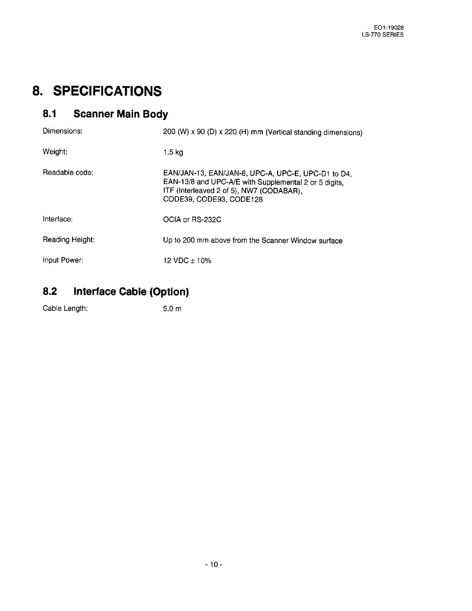 Specifications | Toshiba TEC LS-770 SERIES User Manual | Page 20 / 23