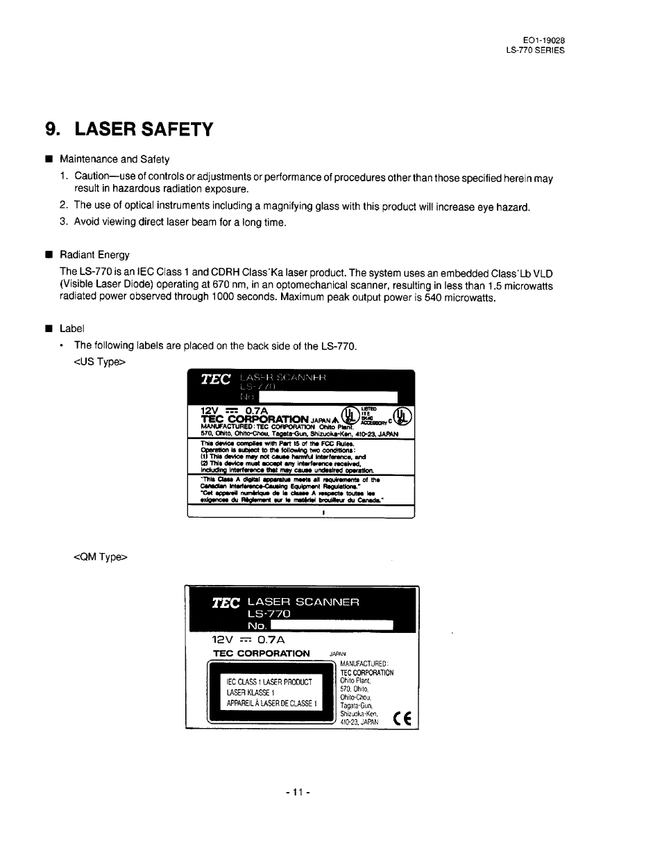 Laser safety | Toshiba TEC LS-770 SERIES User Manual | Page 21 / 23