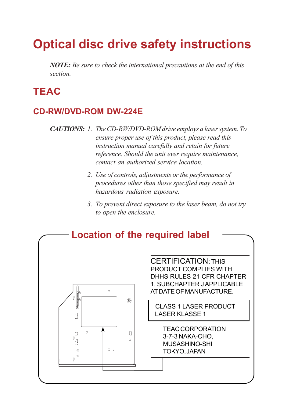 Optical disc drive safety instructions, Teac, Location of the required label | Toshiba A40 Series User Manual | Page 13 / 286