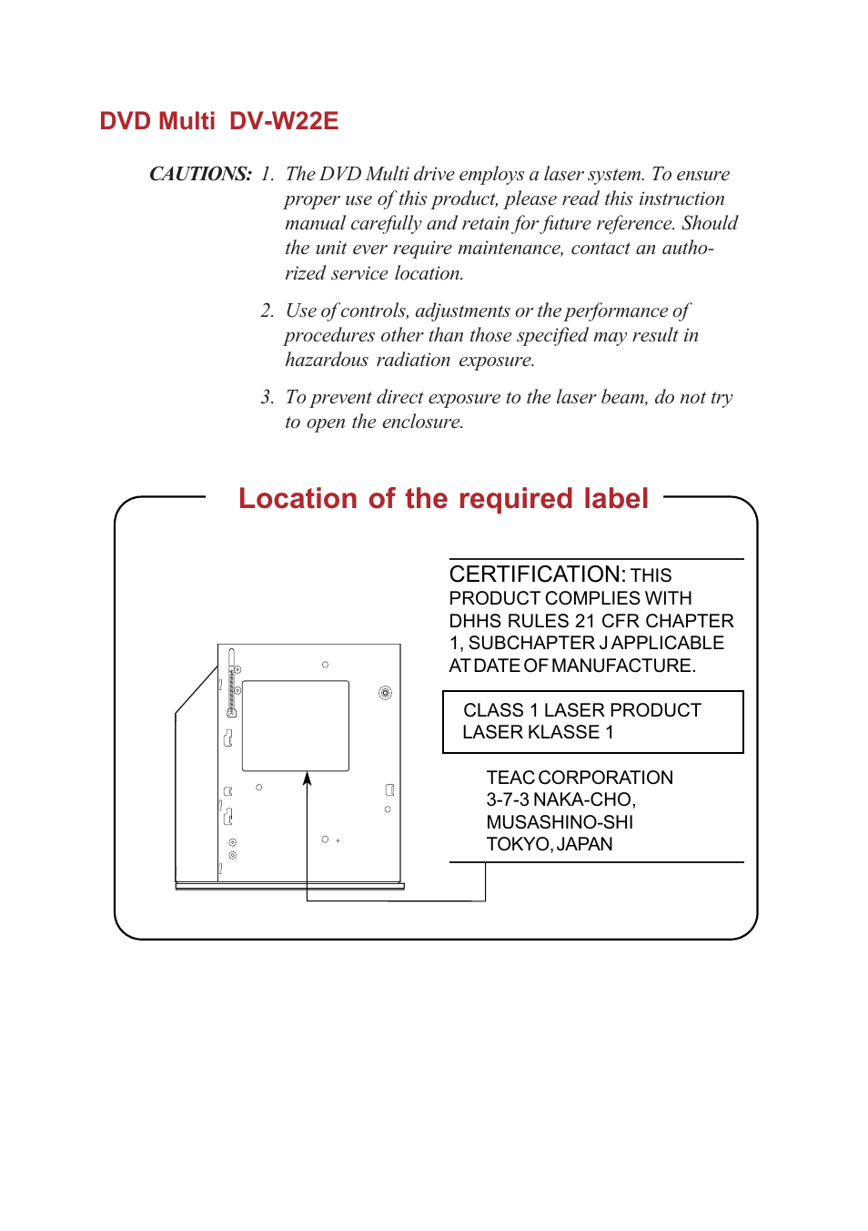 Location of the required label, Dvd multi dv-w22e | Toshiba A40 Series User Manual | Page 14 / 286