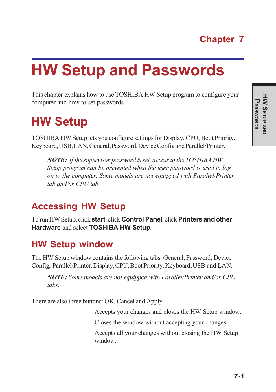 Chapter 7 hw setup and passwords, Hw setup, Accessing hw setup | Hw setup window, Hw setup -1, Accessing hw setup -1 hw setup window -1, Hw setup and passwords, If you are going to install, Chapter 7, Explains how to configure the computer using | Toshiba A40 Series User Manual | Page 153 / 286