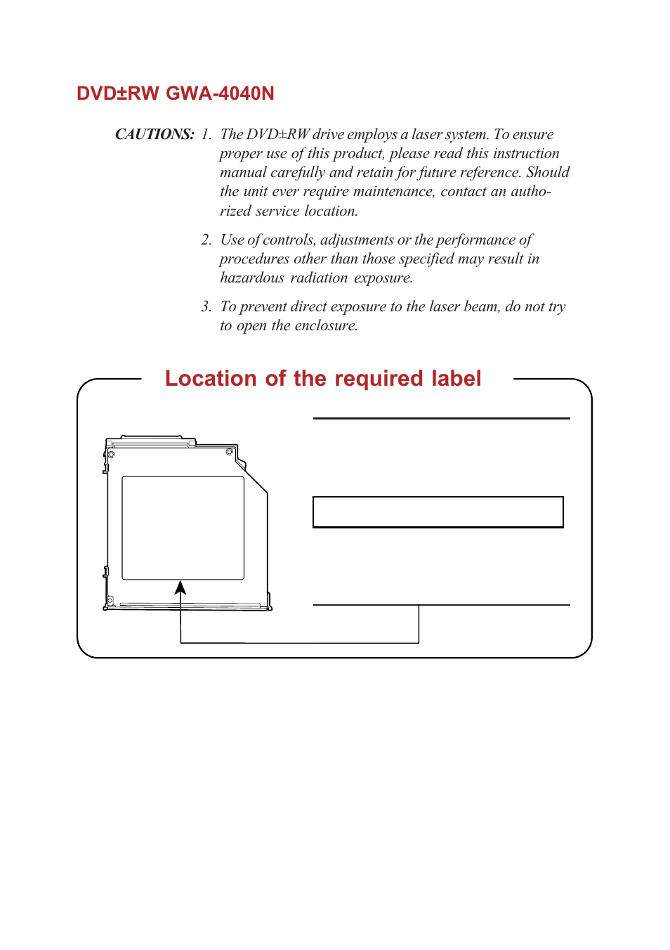 Location of the required label, Dvd±rw gwa-4040n | Toshiba A40 Series User Manual | Page 19 / 286