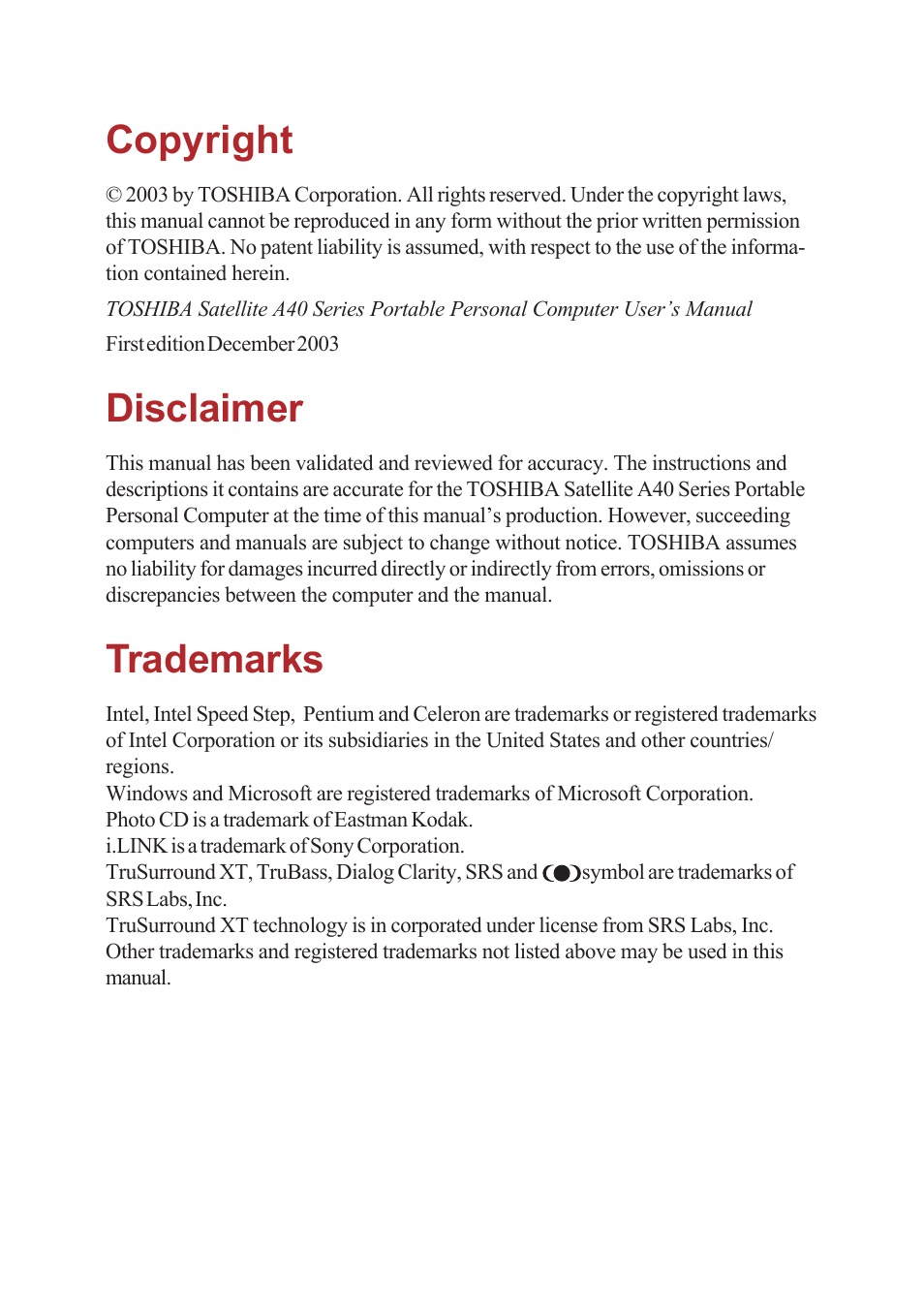 Copyright, Disclaimer, Trademarks | Toshiba A40 Series User Manual | Page 2 / 286