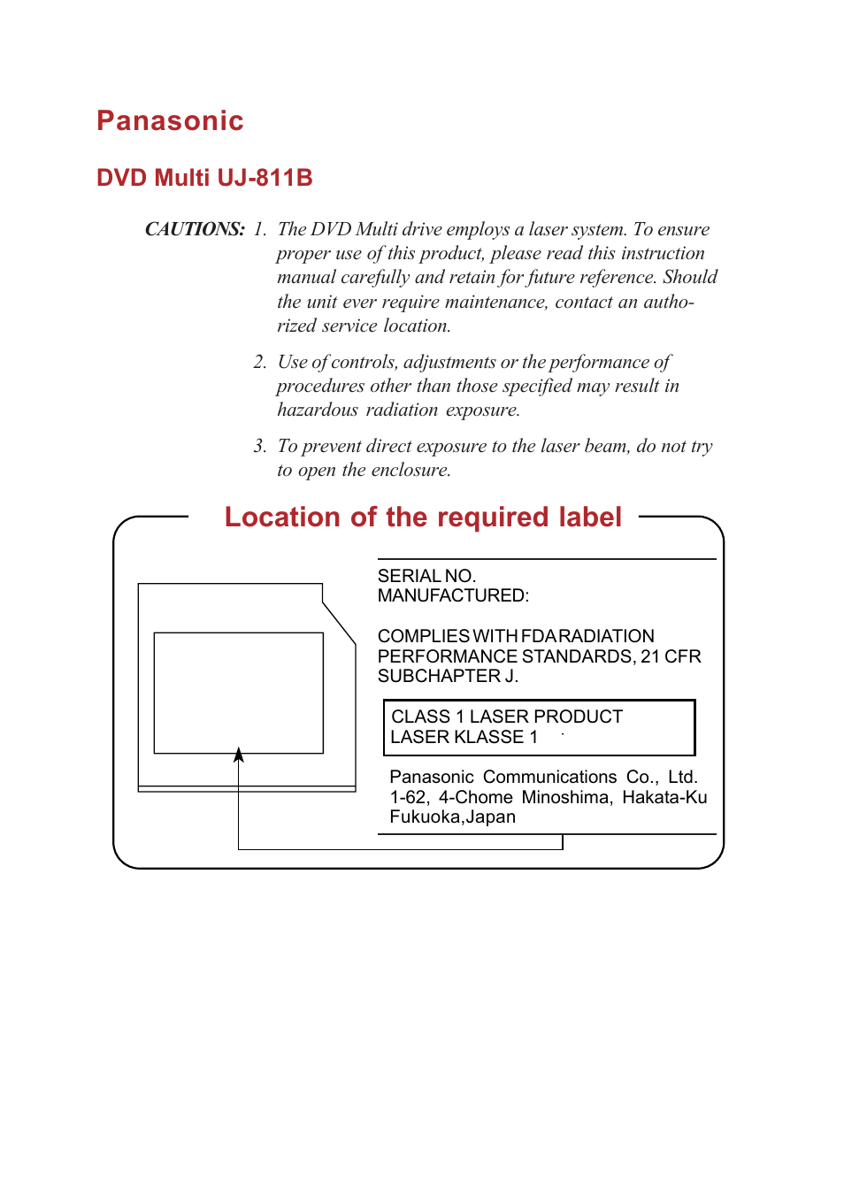 Panasonic, Location of the required label, Dvd multi uj-811b | Toshiba A40 Series User Manual | Page 21 / 286