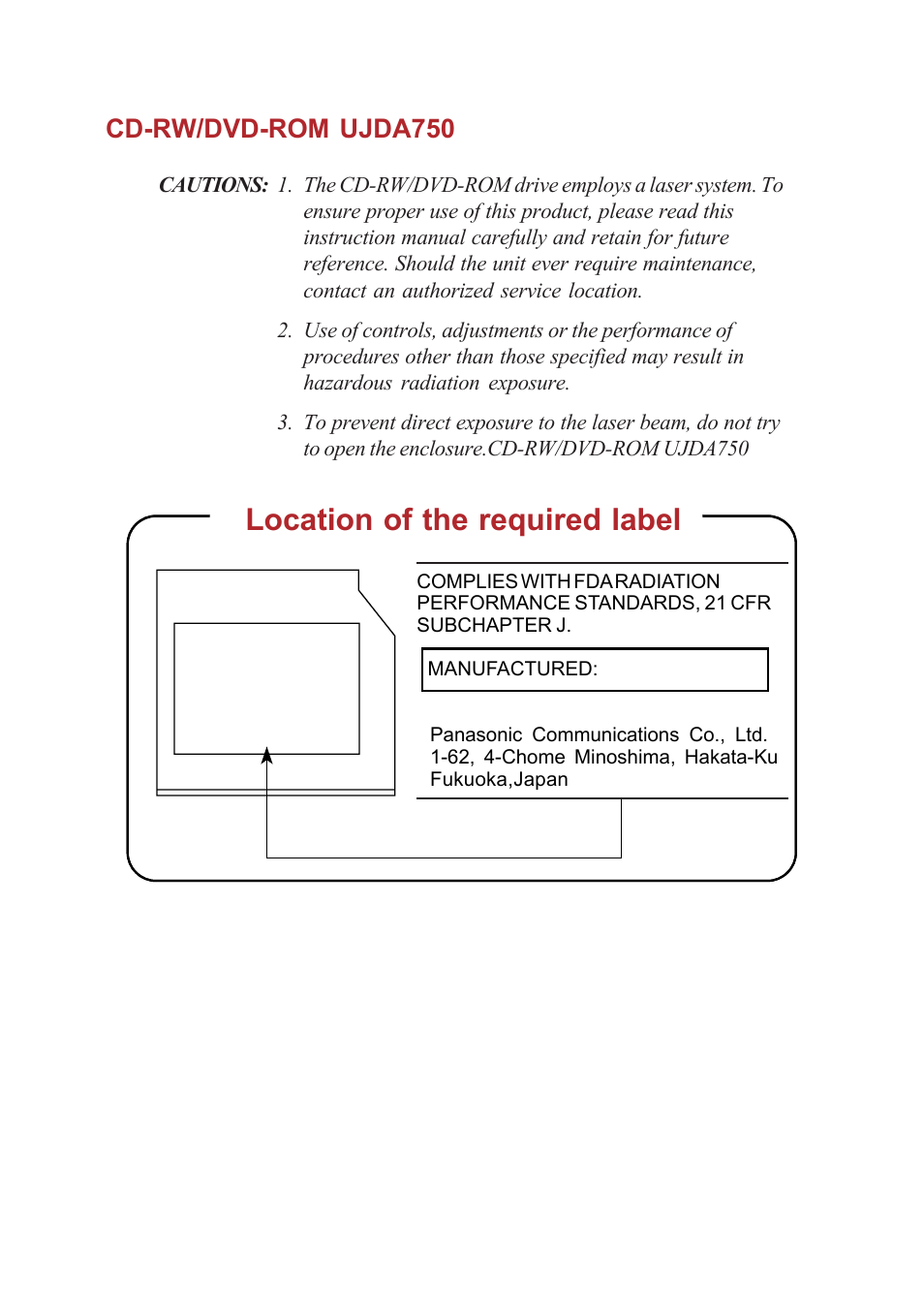 Location of the required label, Cd-rw/dvd-rom ujda750 | Toshiba A40 Series User Manual | Page 22 / 286