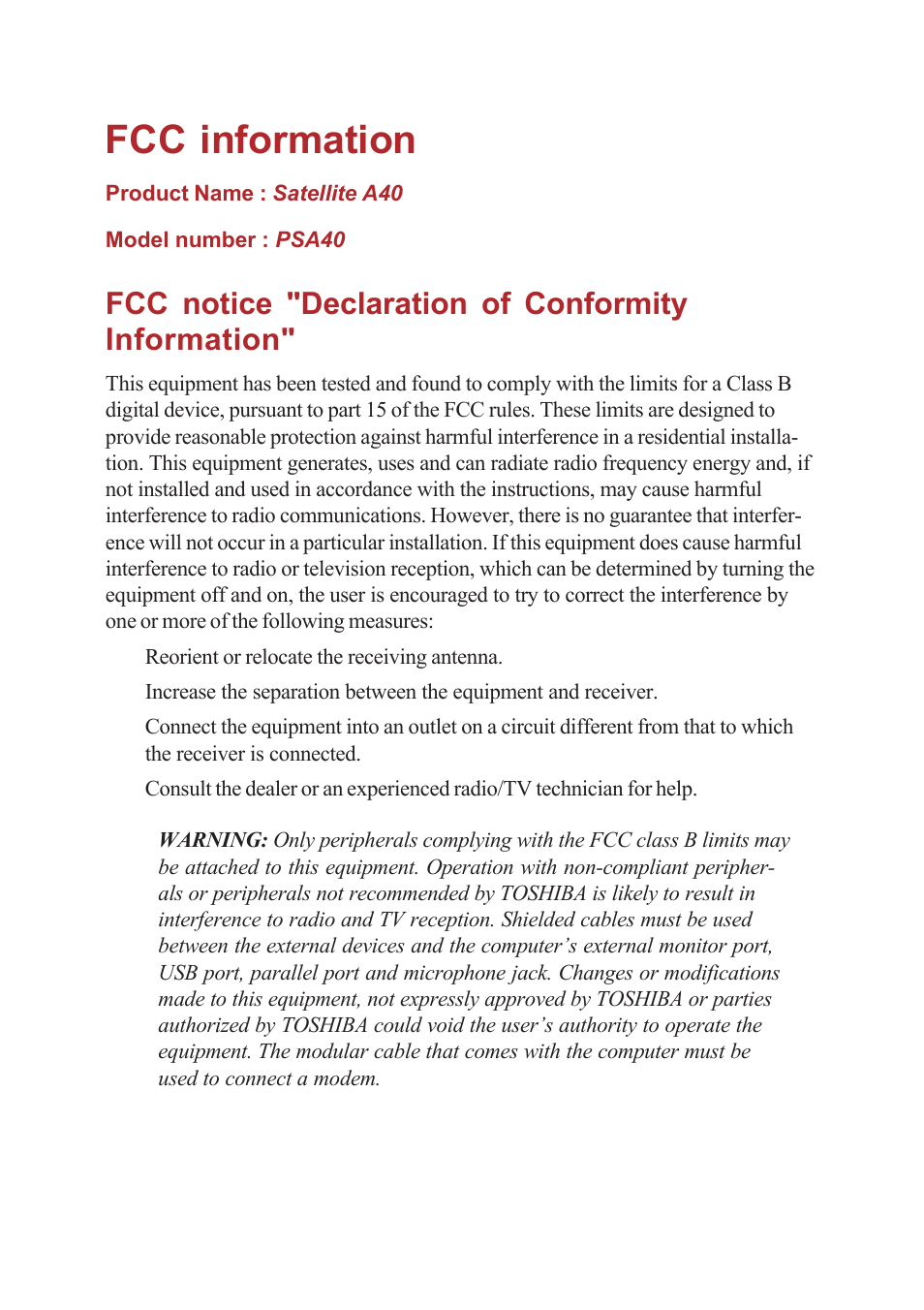 Fcc information, Fcc notice "declaration of conformity information | Toshiba A40 Series User Manual | Page 3 / 286