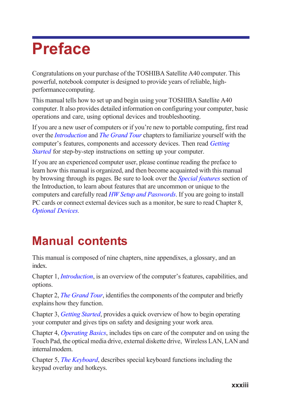 Preface, Manual contents | Toshiba A40 Series User Manual | Page 33 / 286