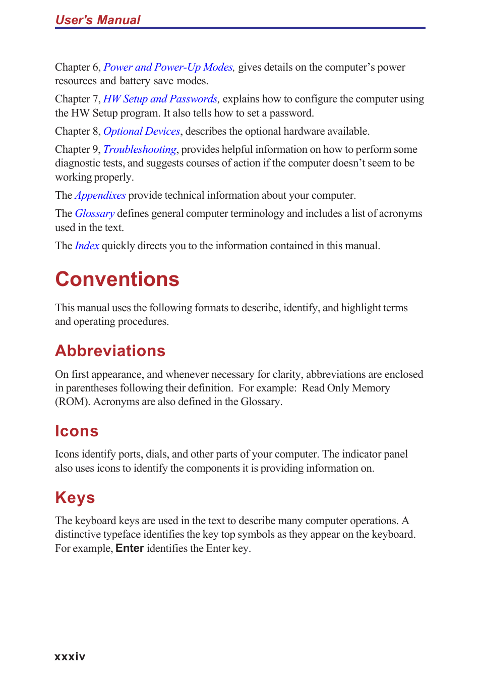 Conventions, Abbreviations, Icons | Keys | Toshiba A40 Series User Manual | Page 34 / 286