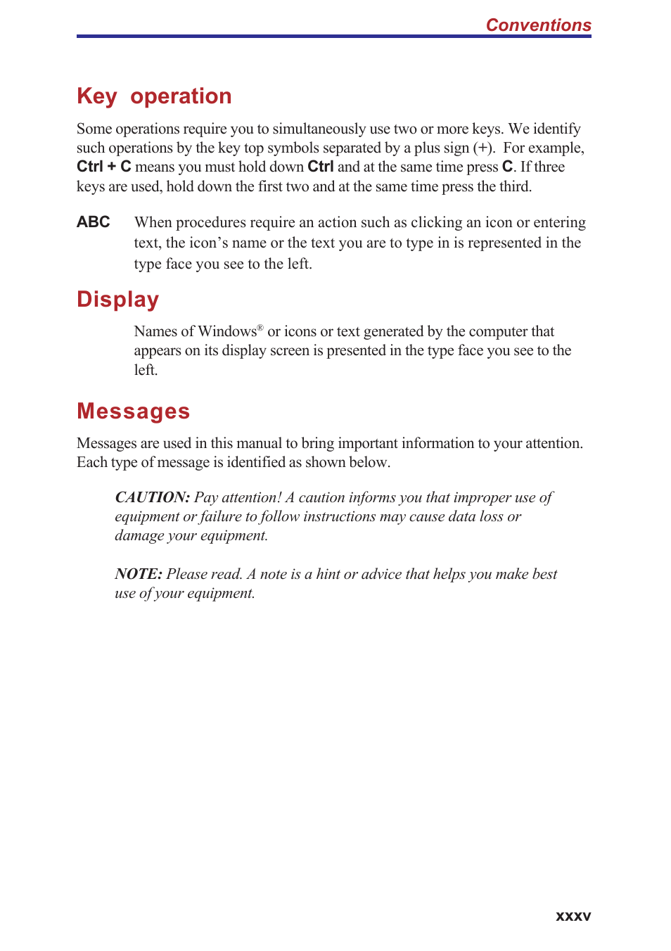 Key operation, Display, Messages | Toshiba A40 Series User Manual | Page 35 / 286