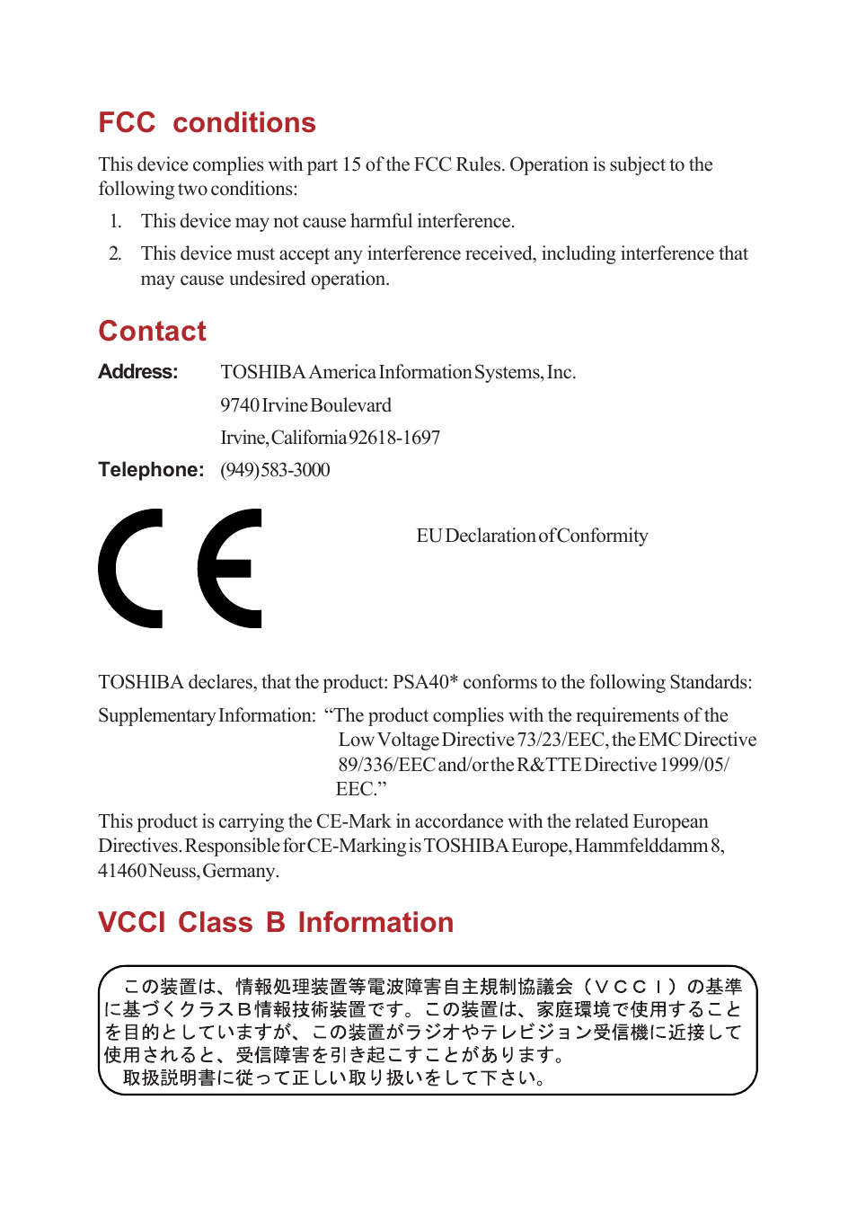 Fcc conditions, Contact, Vcci class b information | Toshiba A40 Series User Manual | Page 4 / 286