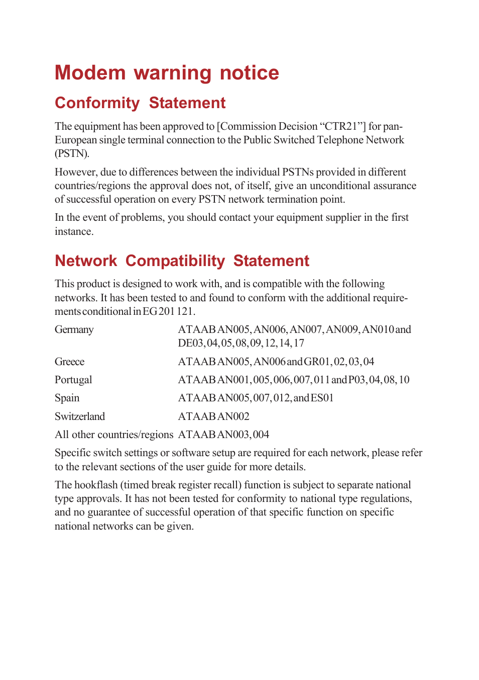 Modem warning notice, Conformity statement, Network compatibility statement | Toshiba A40 Series User Manual | Page 5 / 286