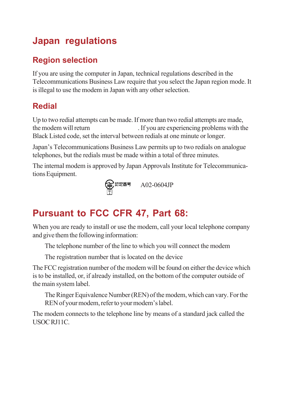 Japan regulations, Pursuant to fcc cfr 47, part 68, Region selection | Redial | Toshiba A40 Series User Manual | Page 6 / 286