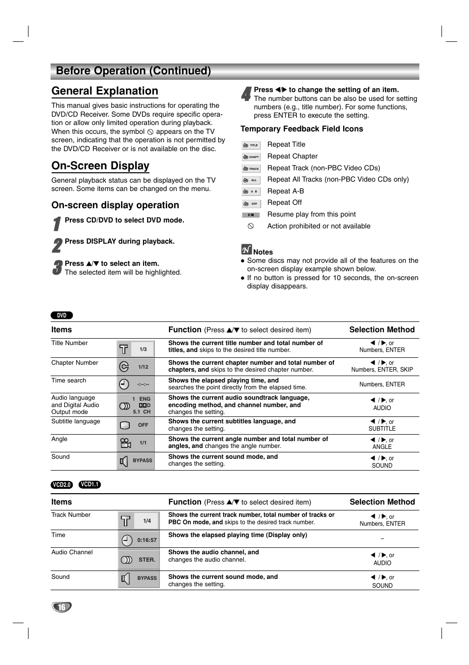 Before operation (continued) general explanation, On-screen display, On-screen display operation | Toshiba SD-44HKSE  EN User Manual | Page 16 / 34