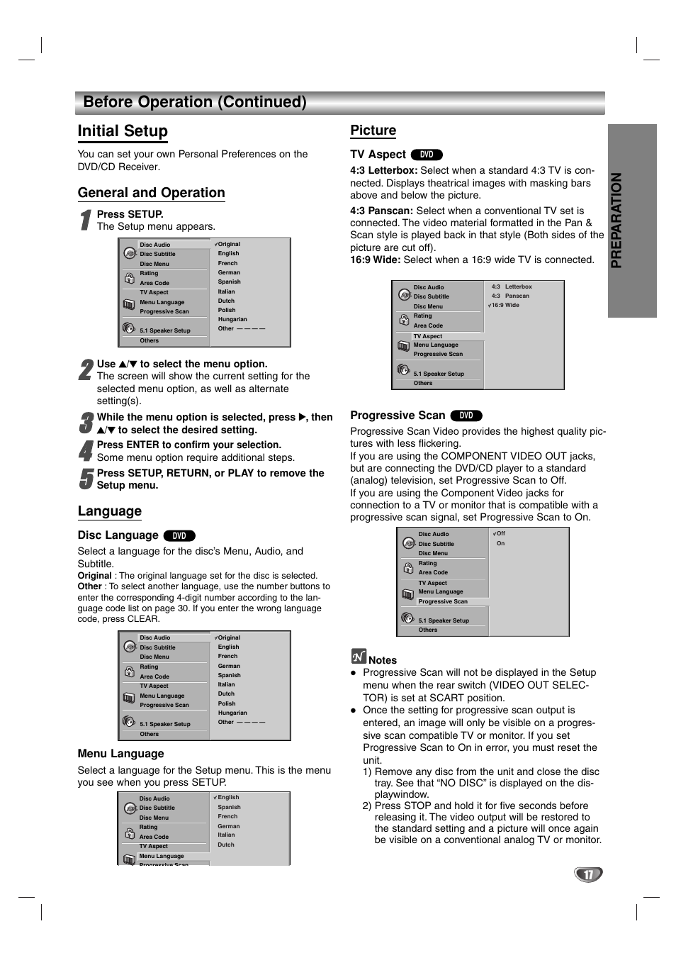 Before operation (continued) initial setup, Prep ara tion, General and operation | Language, Picture, Disc language, Menu language, Tv aspect, Progressive scan | Toshiba SD-44HKSE  EN User Manual | Page 17 / 34