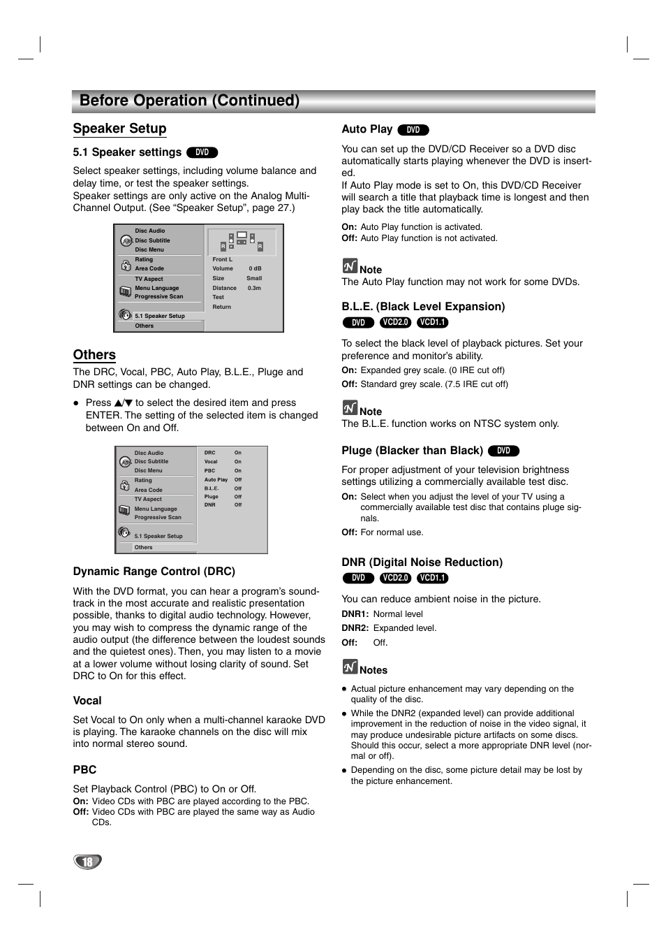 Before operation (continued), Speaker setup, Others | 1 speaker settings, Dynamic range control (drc), Vocal, Auto play, B.l.e. (black level expansion), Pluge (blacker than black), Dnr (digital noise reduction) | Toshiba SD-44HKSE  EN User Manual | Page 18 / 34