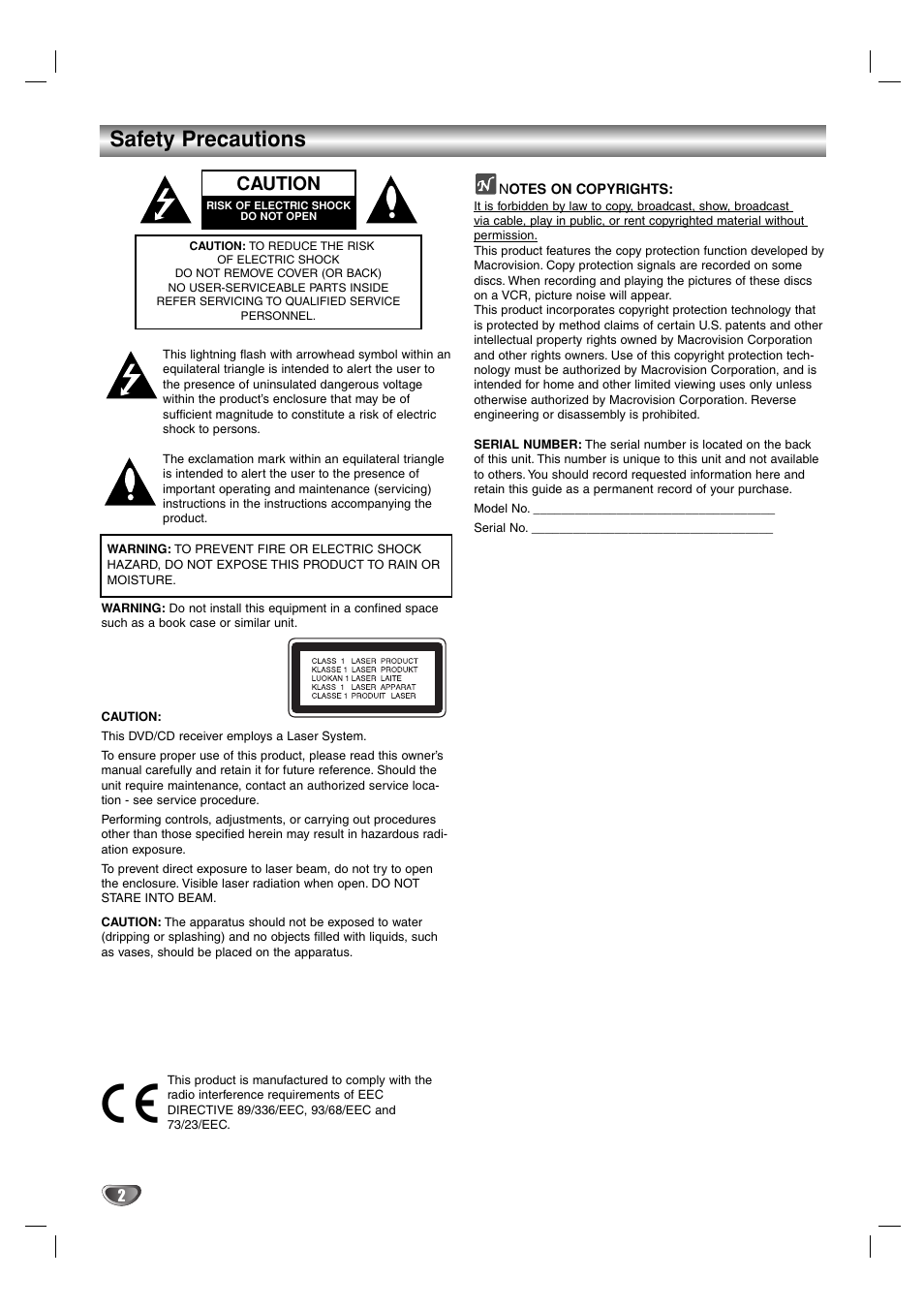 Safety precautions, Caution | Toshiba SD-44HKSE  EN User Manual | Page 2 / 34